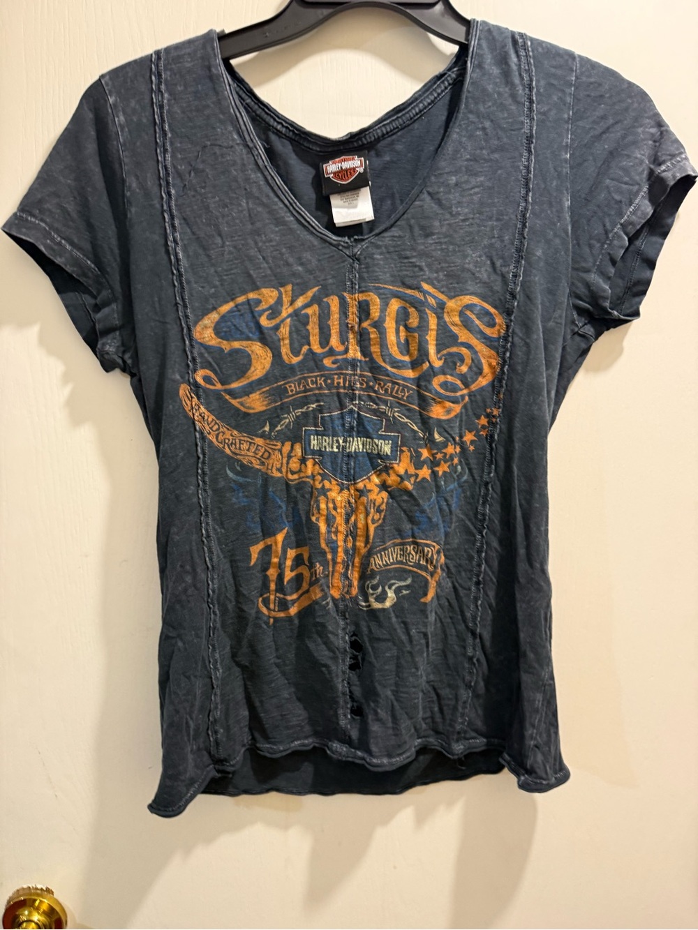 Harley-Davidson Bling Y2K V-Neck Sturgis Graphic Tee with Orange and Blue Print